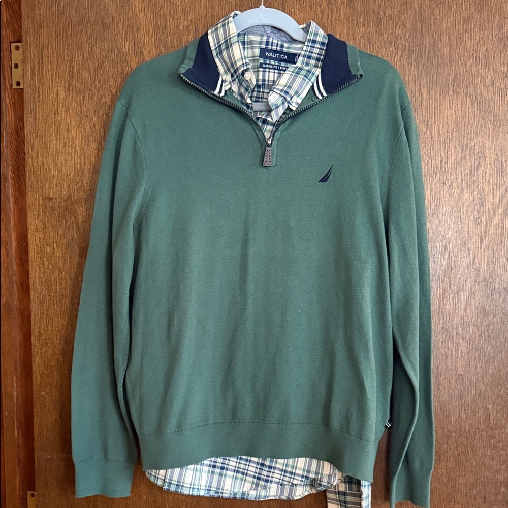 Nautica Men's Forest Green Zip-Up Sweater w/Plaid Button-Up Shirt
